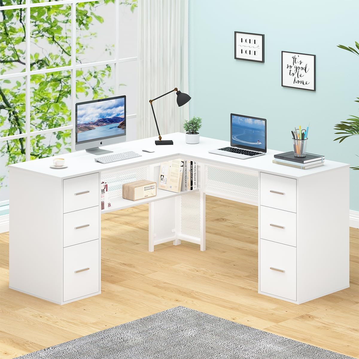 HSH White L Shaped Desk with Drawers Shelves, Large Home Office Corner Computer Desk with Storage File Cabinet, Modern Metal Wood Desk for Executive Writing Study Workstation, 59 Inch Bedroom Table