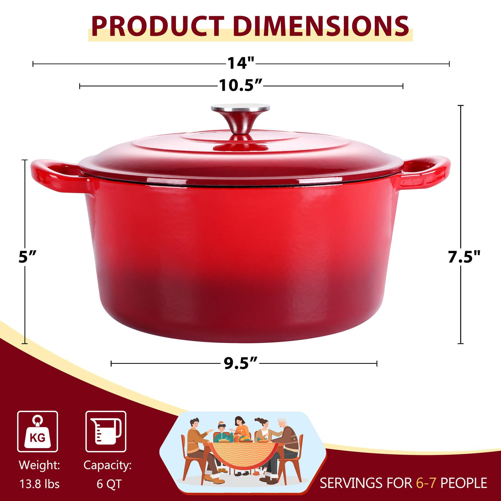 E-far Enameled Cast Iron Dutch Oven with Lid, 6 Quart Round Dutch Oven Pot Nonstick Cookware for Braising, Stews, Roasting, Bread Baking, Cooking, Heavy Duty, Induction & Oven Safe - Red