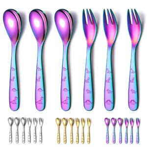 evanda rainbow toddler utensils, rainbow titanium coated 6 pieces stainless steel toddler silverware set, kids utensils forks and spoons, mirror polished smooth round tableware and dishwasher safe