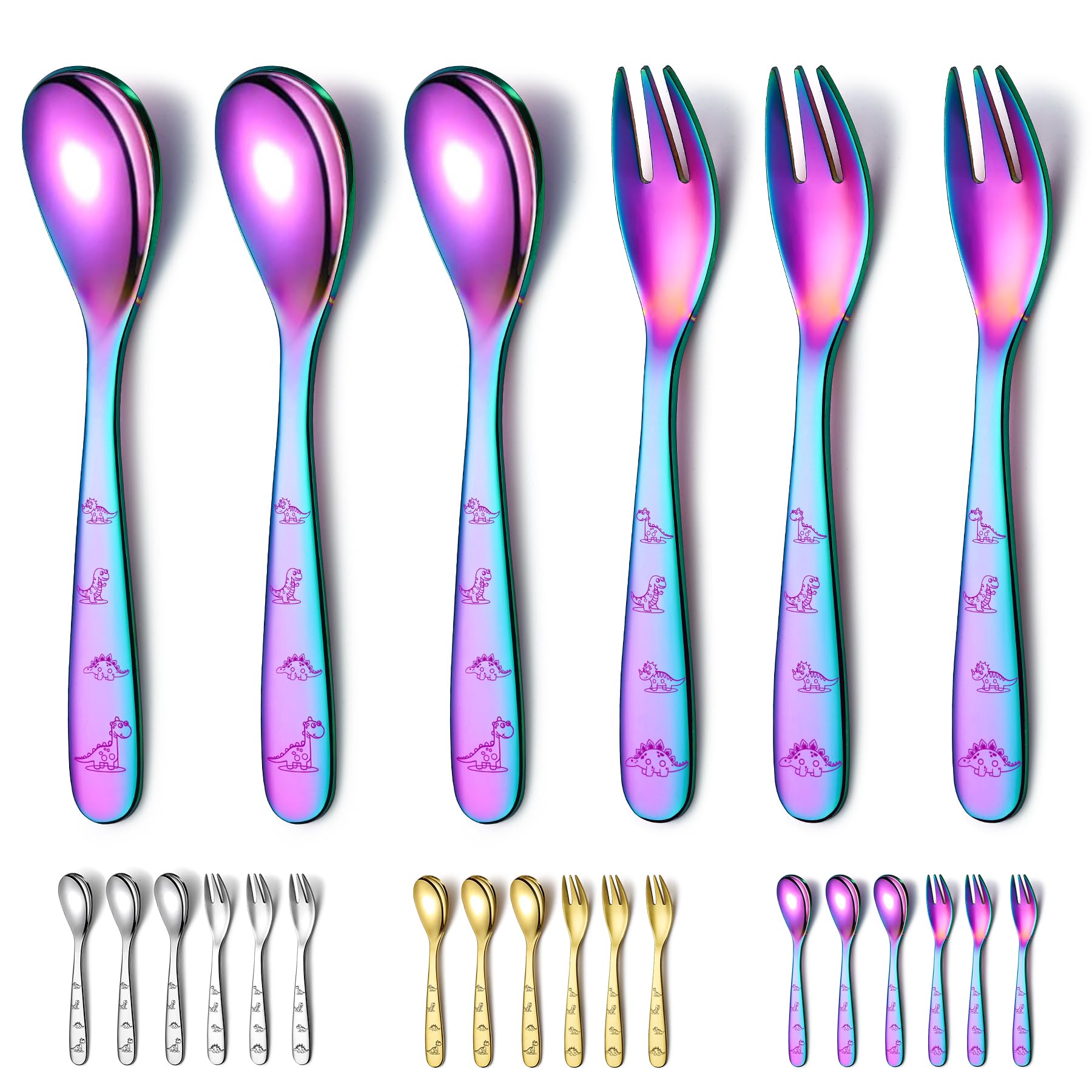 Evanda Rainbow Toddler Utensils, Rainbow Titanium Coated 6 Pieces Stainless Steel Toddler silverware set, Kids Utensils Forks and Spoons, Mirror Polished Smooth Round Tableware and Dishwasher Safe