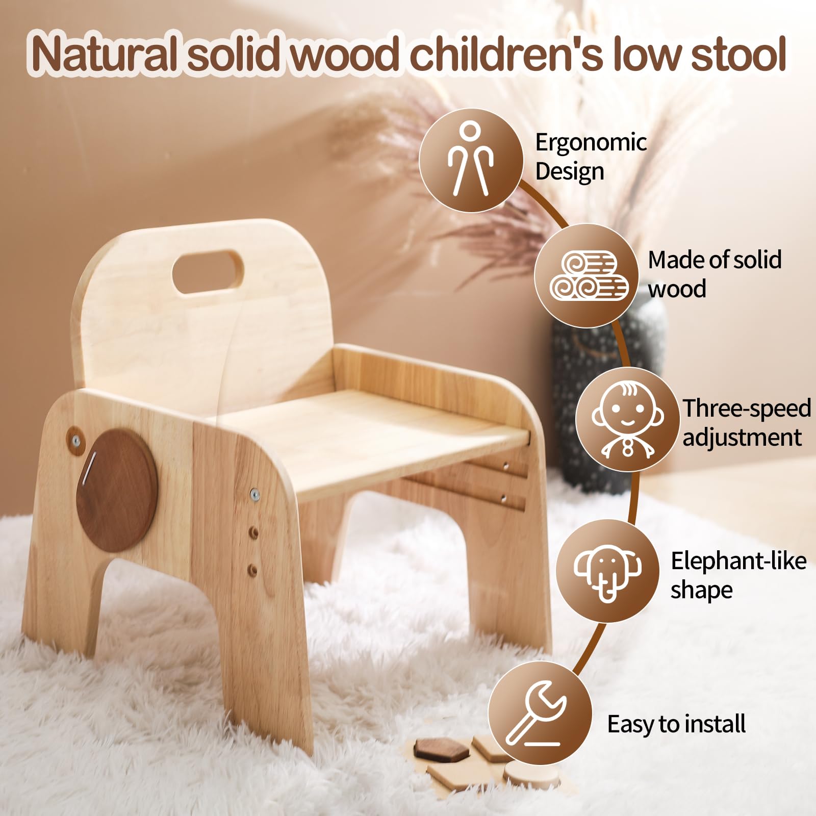 ibwaae Natural Solid Wooden Kids Chair Height-adjustable Wooden Chair for Toddlers Montessori Furniture Birthday Gift for Children