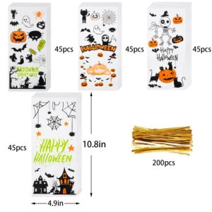 ONFAON Halloween Cellophane Treat Bags, 180pcs Halloween Trick or Treat Goody Gags with 200pcs Twists for Snacks Cookies Packing, Halloween Goodie Bags Party Supplies (180pcs)