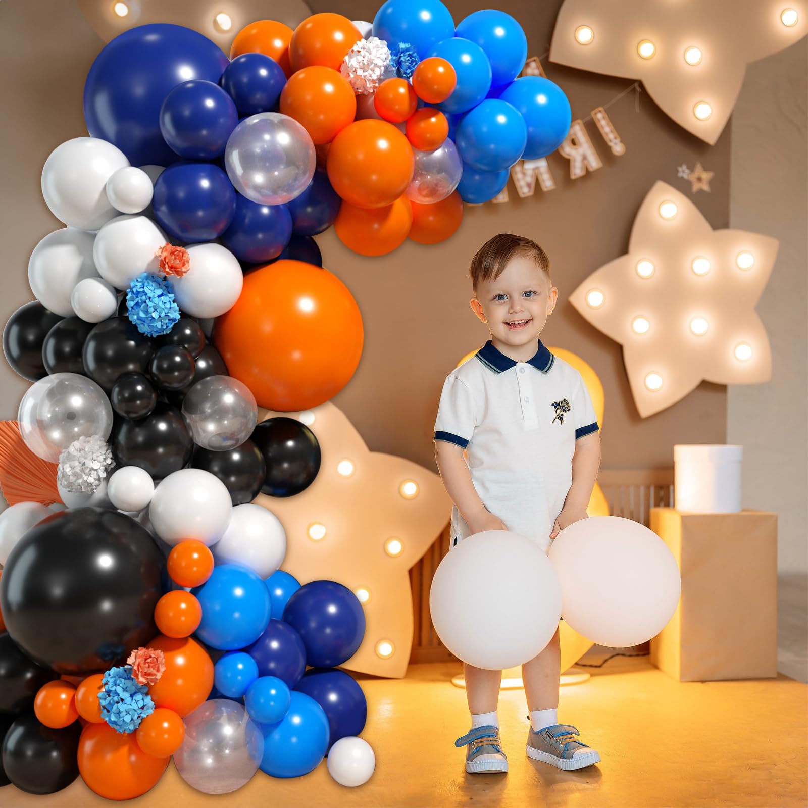 Biapian Blue and Orange Balloon Arch, 113Pcs Navy Blue and Orange Balloon Garland with Dark Light Blue and Orange Black White Latex Balloons for Boys Men Space Birthday Graduation Party Decorations