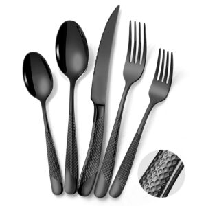 lemeya 20-piece hammered black silverware set for 4 with serrated forging knives,18/10 stainless steel modern flatware set,unique cutlery set spoons and forks set,mirror polished,dishwasher safe