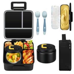 maison huis kids bento lunch box set with 8oz soup thermo, leakproof lunch containers with 5 compartment, thermo hot food jar and insulated lunch bag, bpa free,travel, school -black