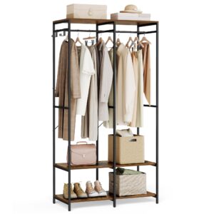 songmics clothes rack, iron and wood wardrobe closet organizer, heavy duty garment rack with hanging rods, closet shelves, removable hooks, 15.7 x 37.2 x 70.9 inches, rustic brown urgr004b01