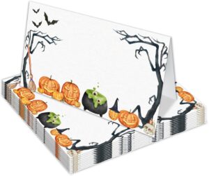 place cards black & white cobweb, scored for easy folding set of 25 tent style table seating cards, party decoration blank name fill in card for halloween dinner, reception, banquet, buffet food-12