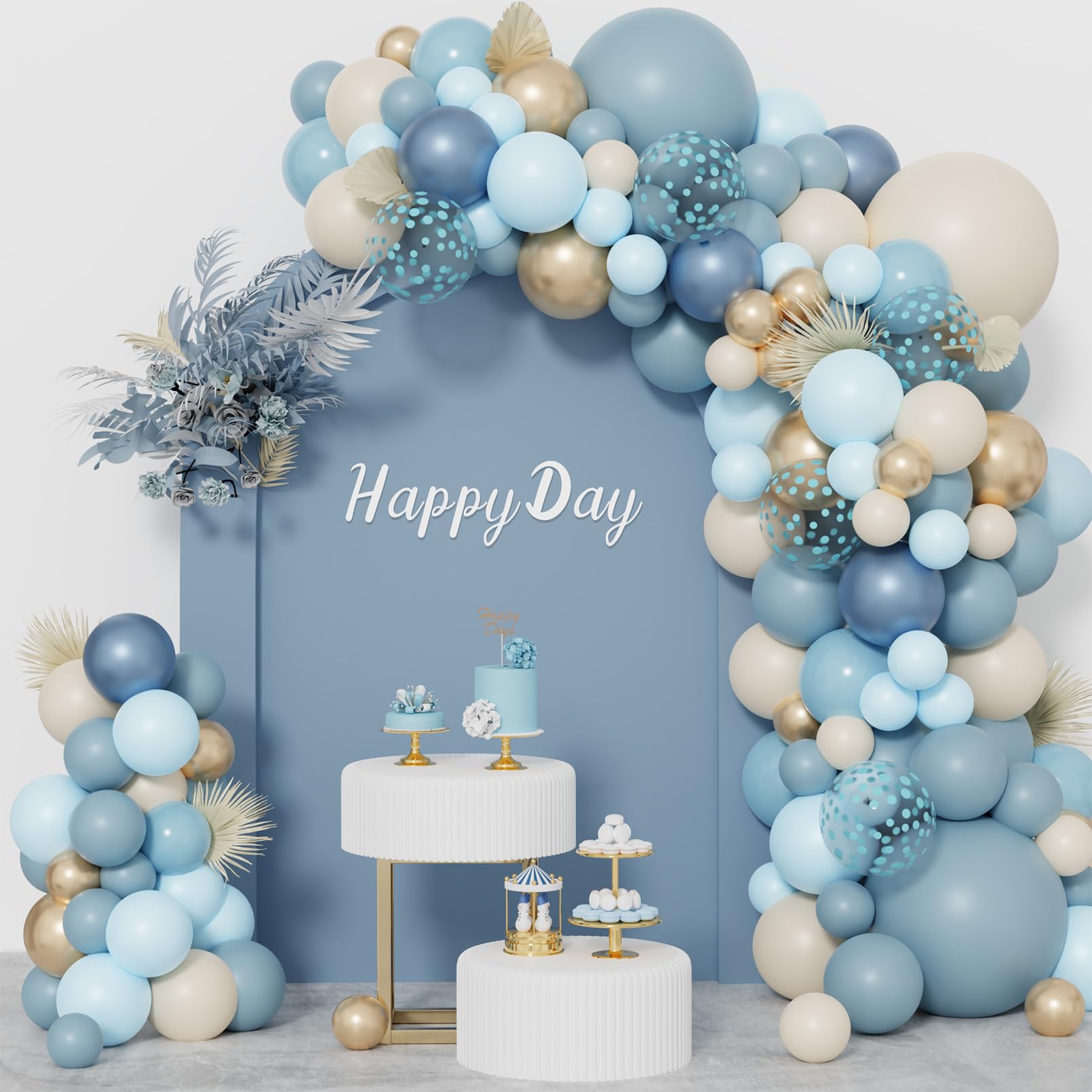 172Pcs Dusty Blue Balloons Arch Garland Kit, Dusty Baby Pastel Blue Chrome Gold Blue Sand White Confetti Balloon for Boy Baby Shower Decorations Bridal Shower Gender Reveal Birthday Party Supplies