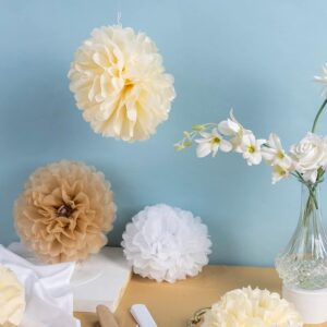 Boho Tissue Paper Pom Poms Champagne Neutral Party Decorations Creamy White Light Brown Paper Flowers for Wedding Birthday Engagement Receptions Boho Bridal Baby Showers Party Supplies -15pcs