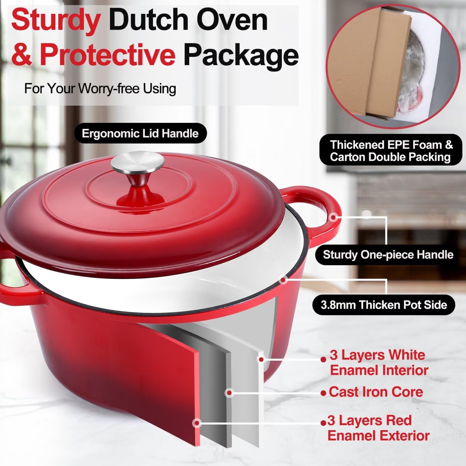 6 Quart Enameled Dutch Oven with Lid, P&P CHEF 6 Qt Cast Iron Dutch Oven Pot, Enamel Round Dutch Oven Cooking Stock Pot for Braising, Stewing, Roasting, Baking, Various Stoves & Oven Safe (Red)