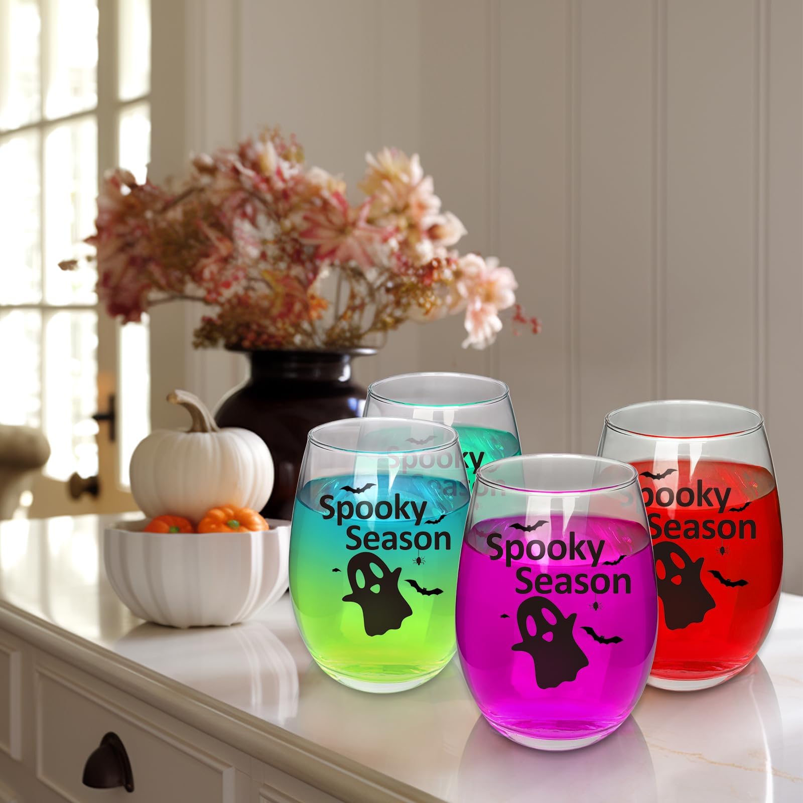 CNVOILA Halloween Wine Glass with Cute Ghost Design -Halloween Gifts for Women Spooky Season Stemless Drinkware - Ideal for Halloween Parties and Fall Decor - Festive Beverage Cup 18oz