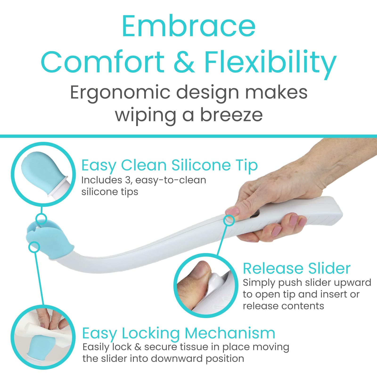 Vive Toilet Aids for Wiping Bottom - Bum Wipe Wand Assist Tool for Toileting - 15" Long Reach Comfort Wiper for Obese, Bathroom Extender - Handicap Assistance for Personal Hygiene for Adults, Seniors