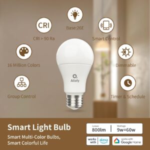 Ailofy LED Smart Light Bulbs, 16M Color Changing Dimmable, Works with Alexa & Google Assistant, RGBCW Colored Bulb, WiFi Light Bulbs, A19 E26, 9W 800LM, 1800K-6500K Tunable White, 4 Pack