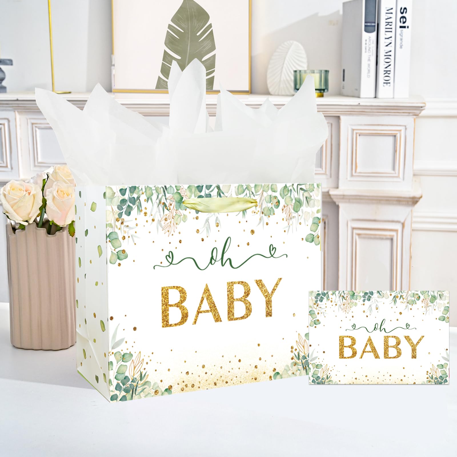 13" Large Baby Boy Girl Gift Bag for Baby Shower or Birthday with Handle, Tissue Paper and Greeting Card (Sage Green Design)