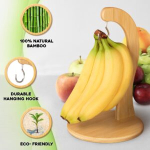 Golden Nature Banana Holder w/ Hanging Hook, Rustic Wooden Grape Stand for Kitchen Countertop, Bamboo Banana Hanger To Keep Bananas & Fruits Fresh