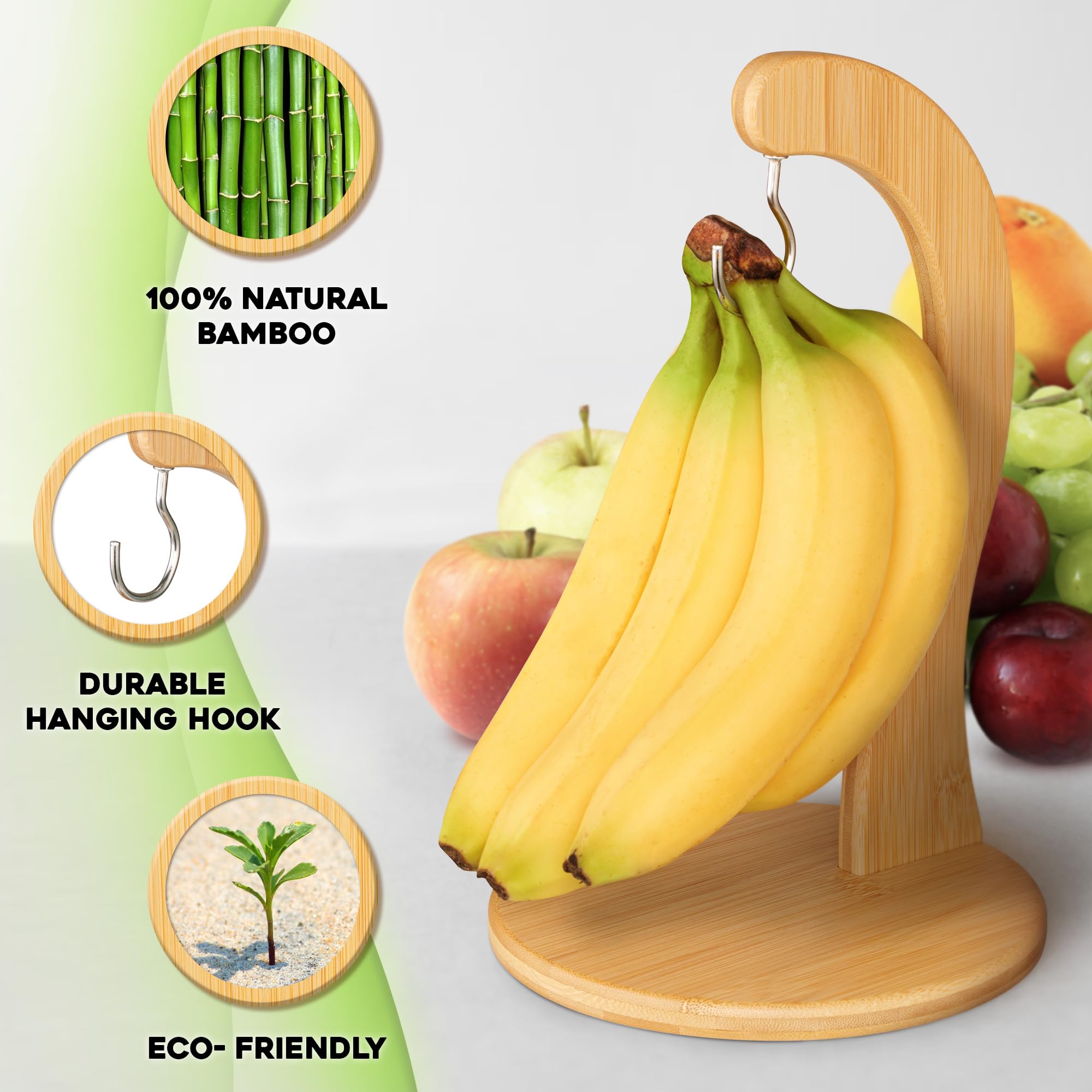 Golden Nature Banana Holder w/ Hanging Hook, Rustic Wooden Grape Stand for Kitchen Countertop, Bamboo Banana Hanger To Keep Bananas & Fruits Fresh