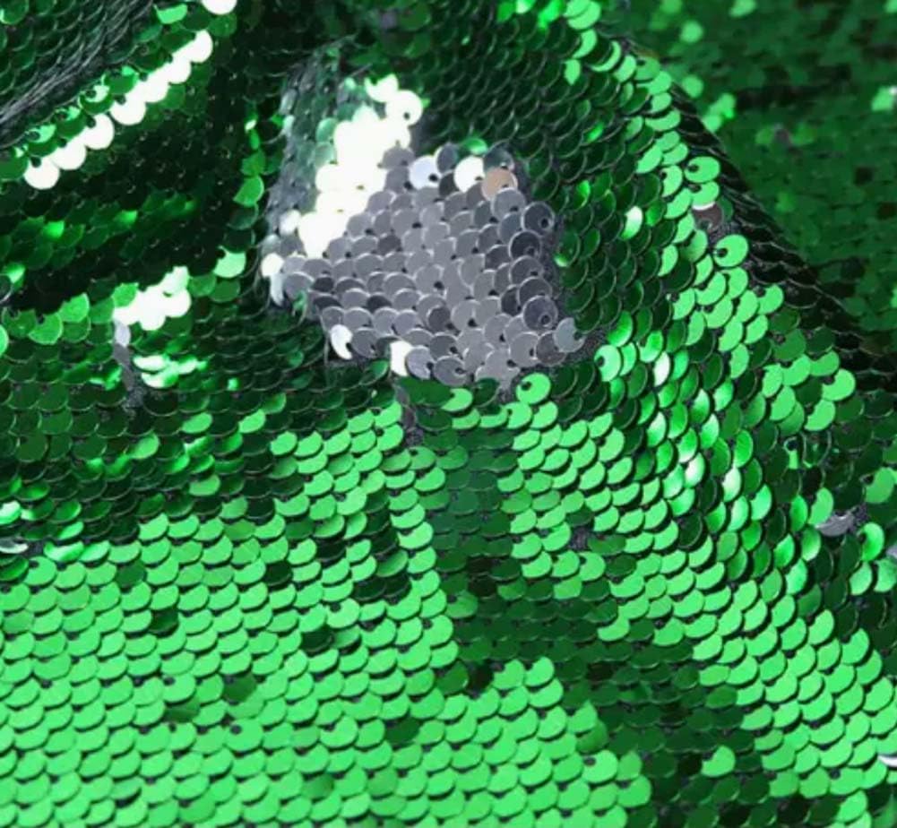 Sequin Fabric Sensory Wall 5mm High Density Reversible Sequin Fabric for Kids Fabric by The Yard （1 yd, Green to Silver