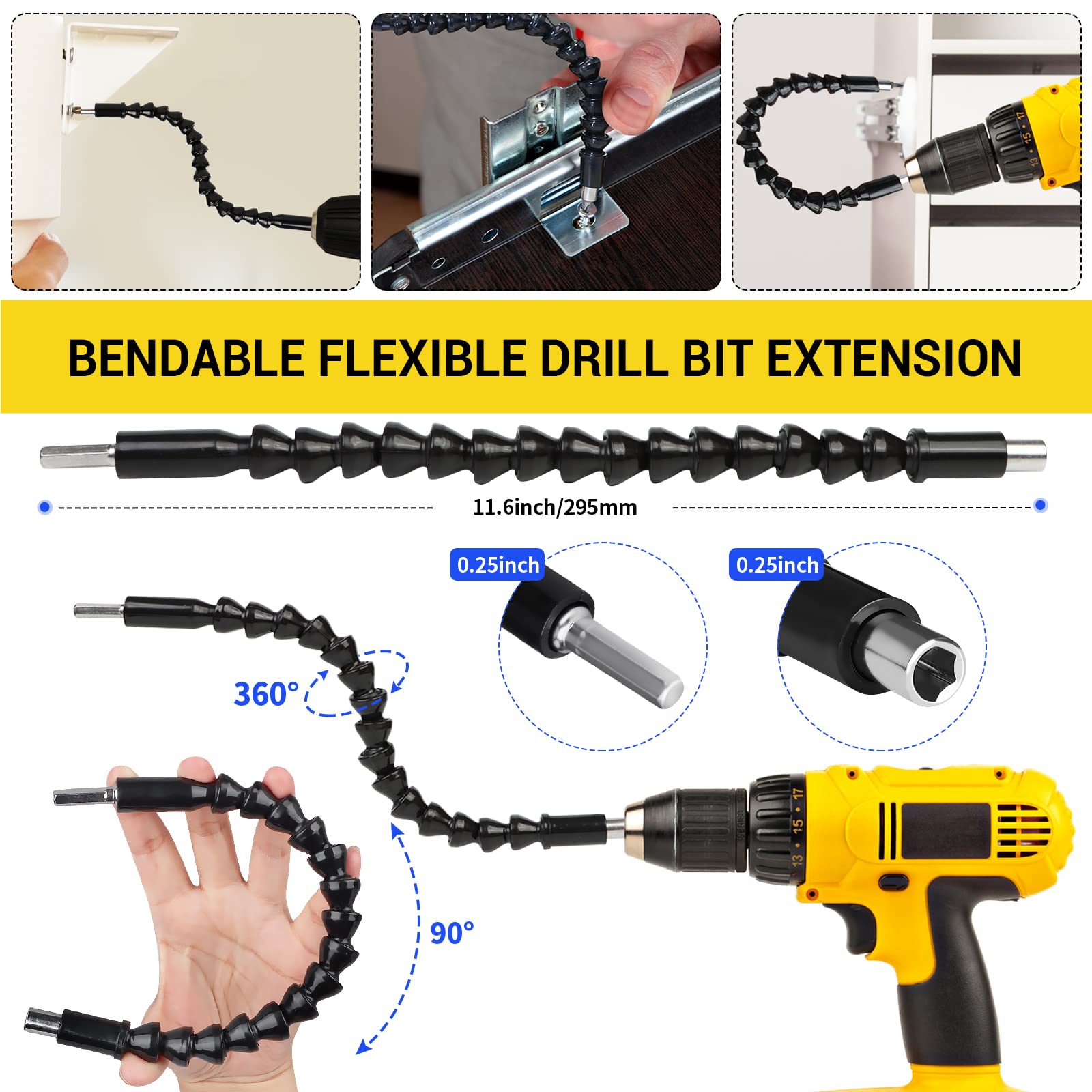 Flexible Drill Bit Extension Set, 105° Right Angle Drill Attachmen, Rotatable Joint Socket 1/4 3/8 1/2 In Hex Socket Adapter, Bendable Drill Bit Extension, Bit Holder Extension Screwdriver Bit Kit