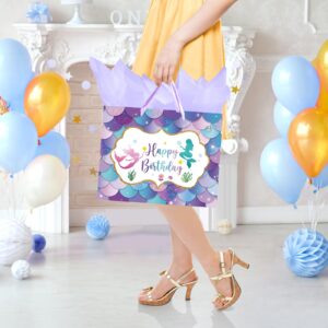 13" Large Mermaid Happy Birthday Gift Bag with Handle, Tissue Paper and Card for Kids Girls