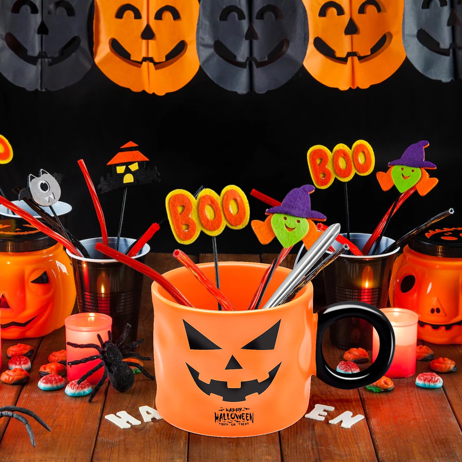 16 oz Halloween Pumpkin Mug with Spoon Decorations, Happy Halloween Pattern Mug Ceramic Spooky Pumpkin Coffee Cup Halloween Birthday Tabletop Drinkware Gifts for Adults Kids Women