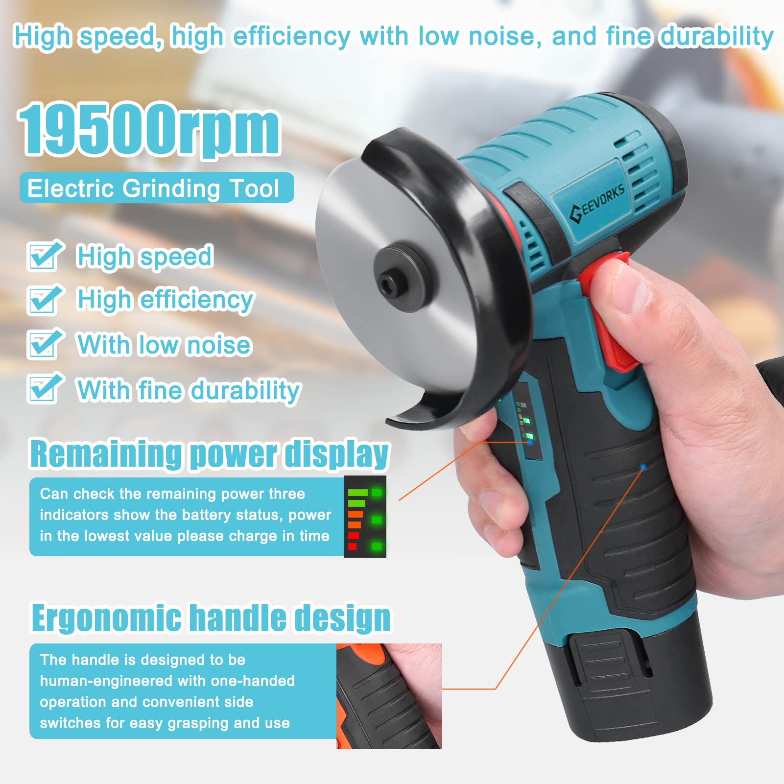 Angle Grinder Tool, Geevorks Mini Angle Grinder Cordless 12V 19500RPM with 2PCS 2000mAh Battery, Nylon Cutting Blade-s/Grinding Disc/Metal Cutting Disc