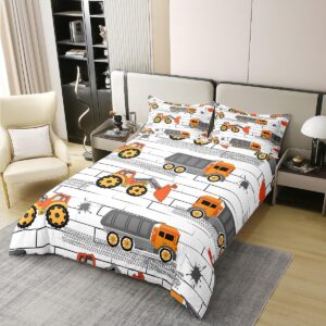 Excavators 100% Natural Cotton Duvet Cover Queen Size Tractor and Truck Comforter Cover with 2 Pillowcases Machinery Cars Construction Vehicle Bedding Set 3 Pcs Bed Cover