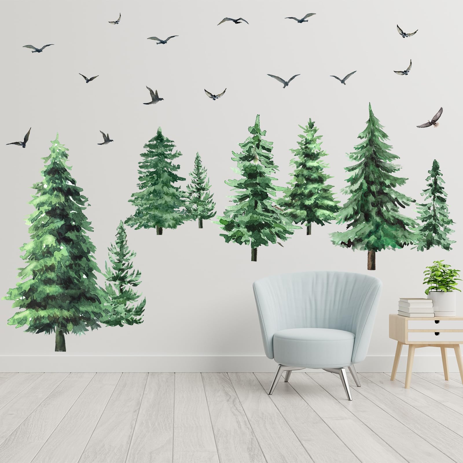 Qilery Watercolor Pine Tree Wall Decals Large Tree Wall Sticker Peel and Stick Forest Wall Decal Woodland Branch Birds Wall Sticker Christmas Tree Wall Stickers for Bedroom Living Room (Classic Style)