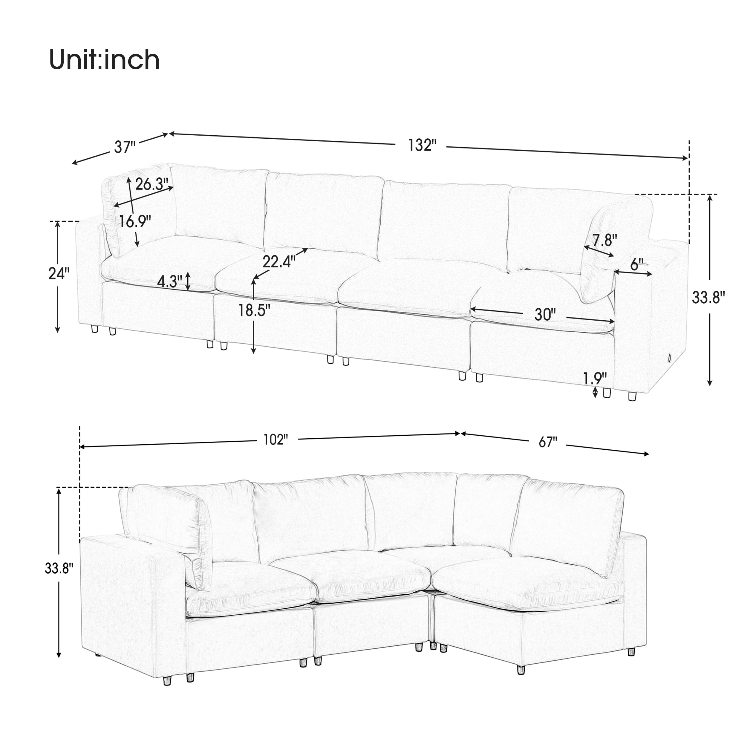 DREAMODERN Modular Sofa Sectional Couch for Living Room, Futon Sofa Upholstered Reversible Couch for Apartment - Grey