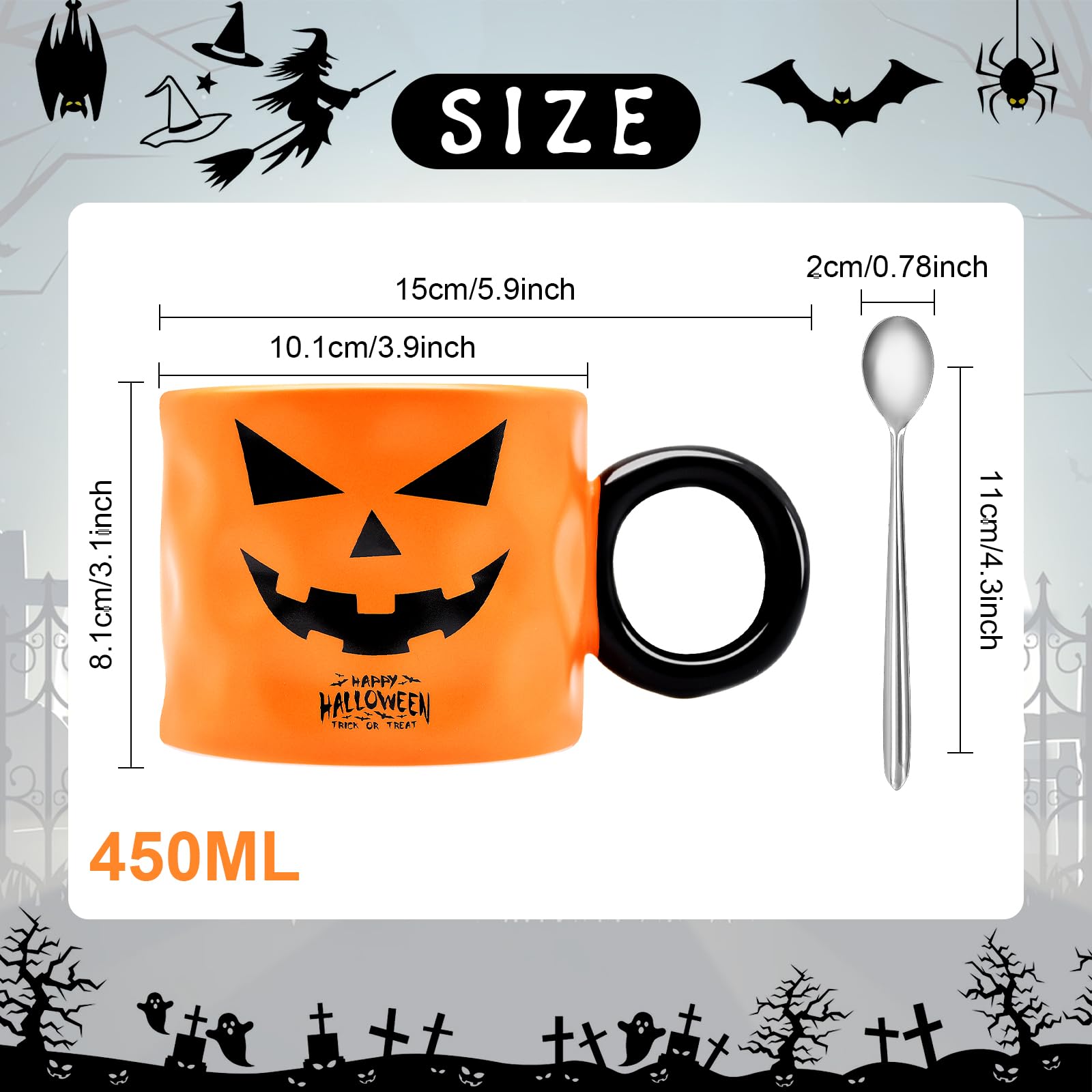 16 oz Halloween Pumpkin Mug with Spoon Decorations, Happy Halloween Pattern Mug Ceramic Spooky Pumpkin Coffee Cup Halloween Birthday Tabletop Drinkware Gifts for Adults Kids Women