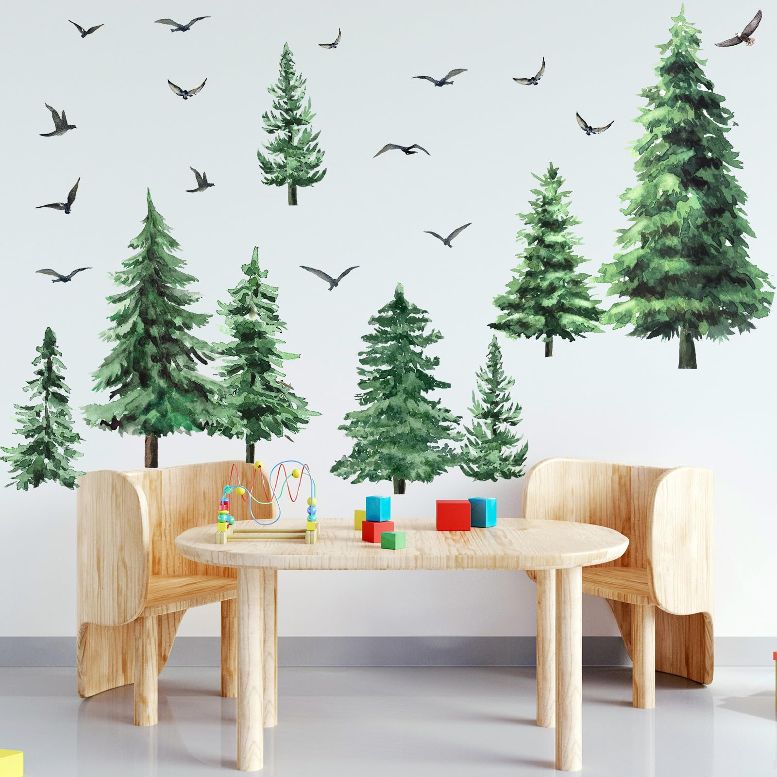 Qilery Watercolor Pine Tree Wall Decals Large Tree Wall Sticker Peel and Stick Forest Wall Decal Woodland Branch Birds Wall Sticker Christmas Tree Wall Stickers for Bedroom Living Room (Classic Style)