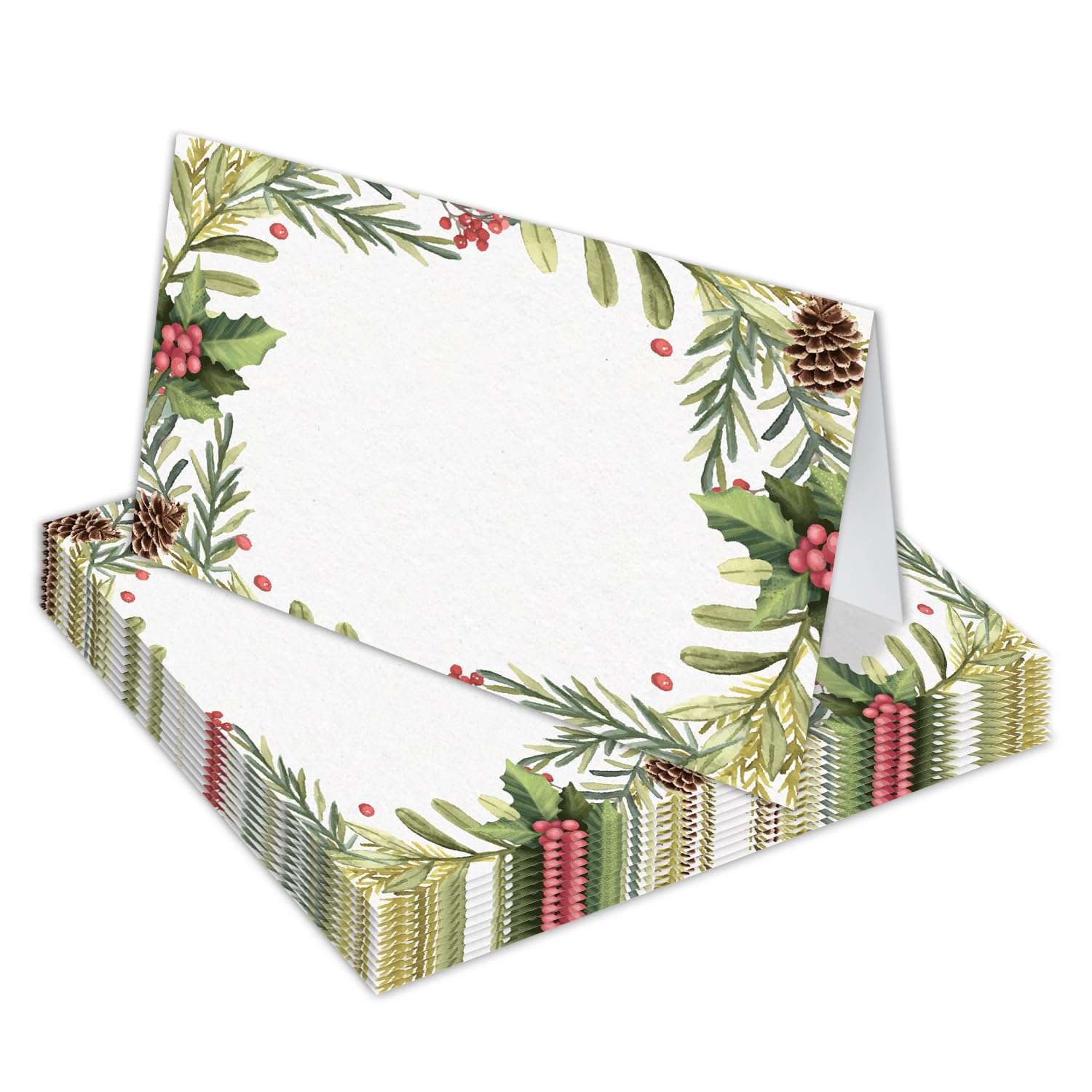 YUEXLL Place Cards with Greenery, Scored for Easy Folding Set of 25 Tent Style Table Seating Cards, Party Decoration Blank Name Fill in Card for Christmas Dinner, Reception, Banquet, Buffet Food-29