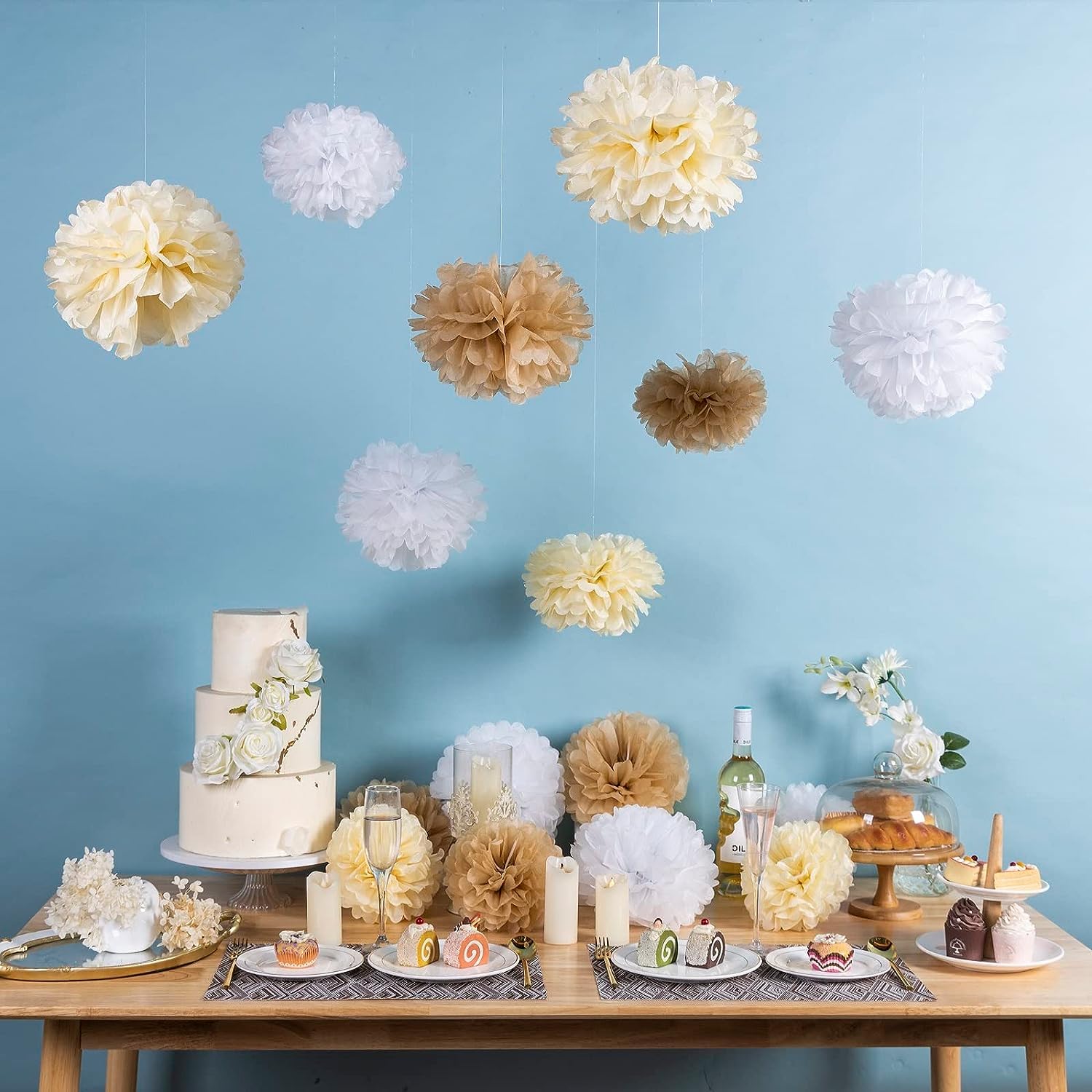 Boho Tissue Paper Pom Poms Champagne Neutral Party Decorations Creamy White Light Brown Paper Flowers for Wedding Birthday Engagement Receptions Boho Bridal Baby Showers Party Supplies -15pcs