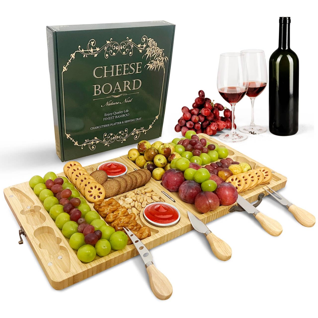 NatureNest Large Bamboo Charcuterie Board, Folding Portable Cheese Serving Tray, Multipurpose Cheese Board Knife Set, Suitable for Outdoor, Wedding Anniversary, Christmas, Thanksgiving Gifts (Medium)