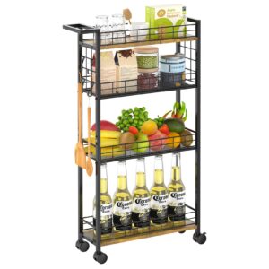 laszola slim storage cart with wheels, 4 tier mobile narrow shelving unit organizer utility cart with handle, skinny rolling trolley for small space kitchen bathroom laundry, black and rustic brown