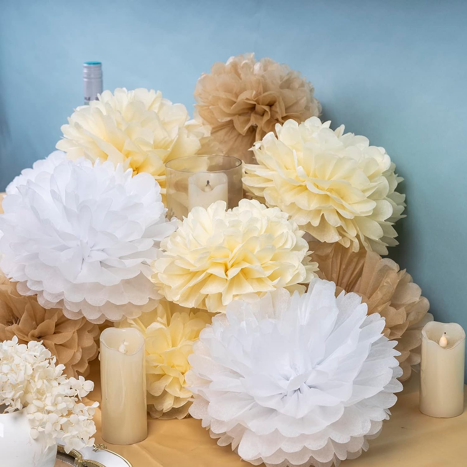 Boho Tissue Paper Pom Poms Champagne Neutral Party Decorations Creamy White Light Brown Paper Flowers for Wedding Birthday Engagement Receptions Boho Bridal Baby Showers Party Supplies -15pcs