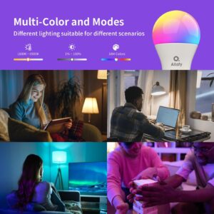 Ailofy LED Smart Light Bulbs, 16M Color Changing Dimmable, Works with Alexa & Google Assistant, RGBCW Colored Bulb, WiFi Light Bulbs, A19 E26, 9W 800LM, 1800K-6500K Tunable White, 4 Pack