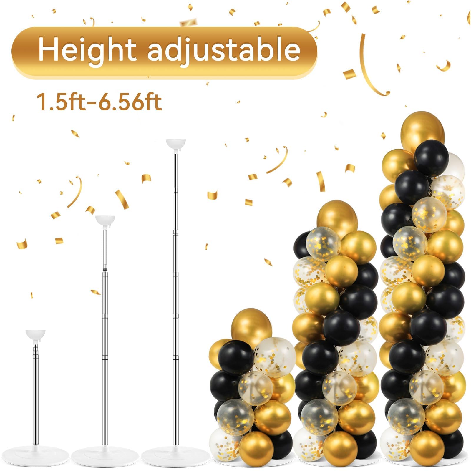 2 Sets Balloon Column Stand Kit with 100 Balloons Christmas Adjustable Balloon Tower Stand with Bases for Floor Black Gold Balloon Arch Column for 50th Birthday Wedding Back to School Holiday Party