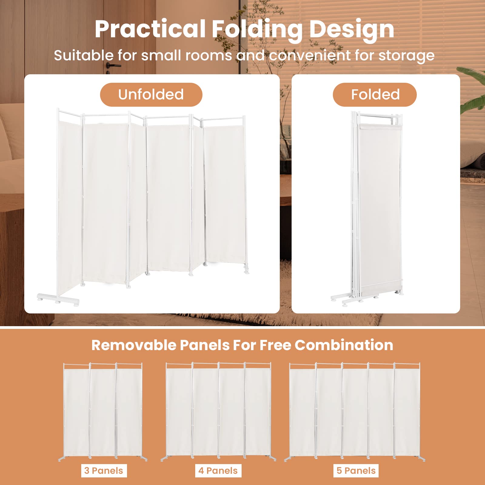 GOFLAME 6 Ft Room Divider, 6 Panel Folding Wall Divider, Freestanding Partition with Adjustable Foot Pads, Perfect Privacy Screen for Home Office, White