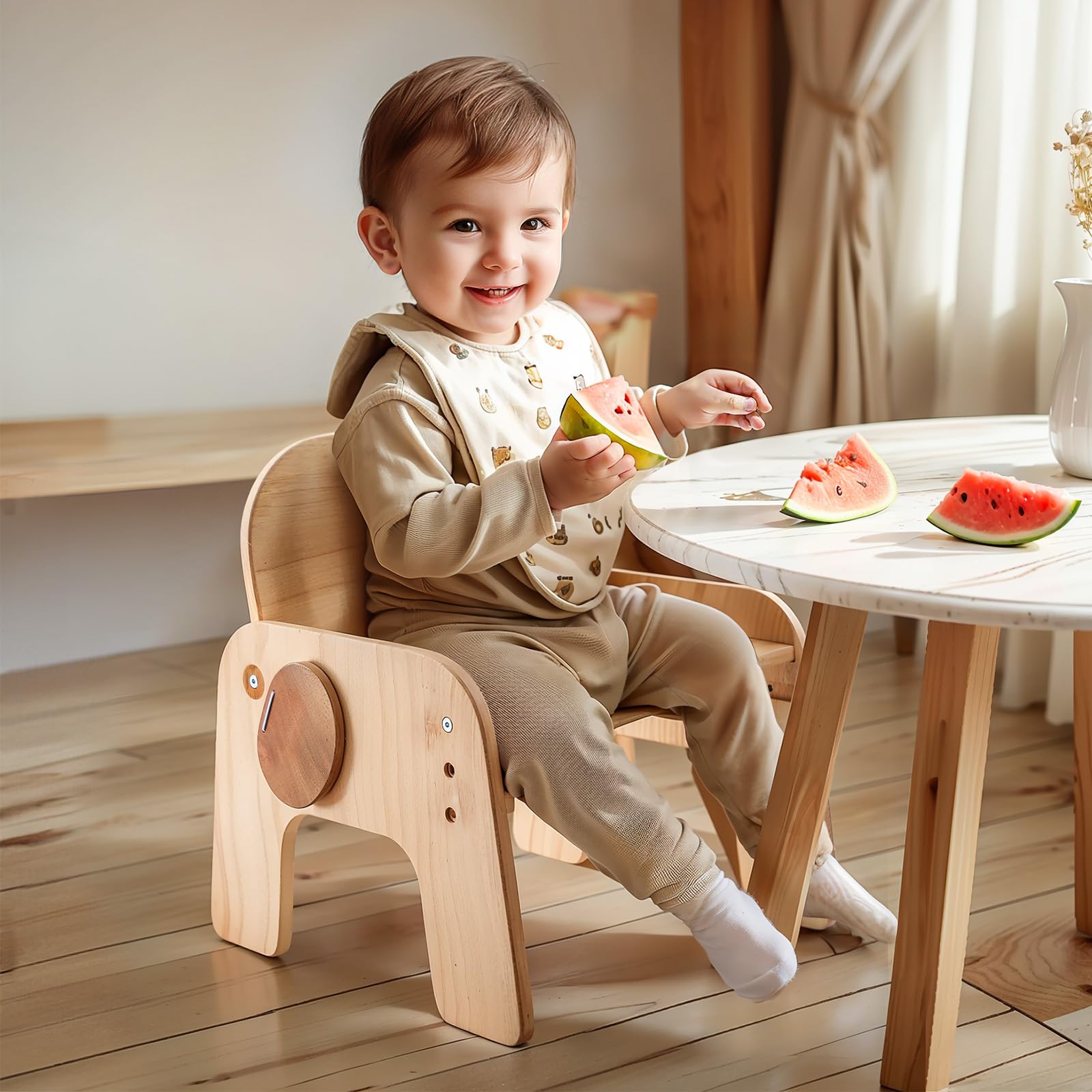 ibwaae Natural Solid Wooden Kids Chair Height-adjustable Wooden Chair for Toddlers Montessori Furniture Birthday Gift for Children