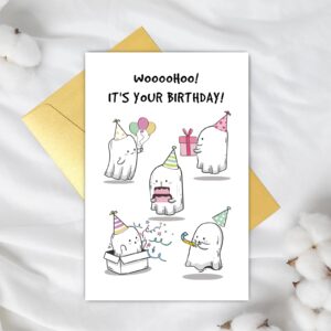 Cute Ghosts Birthday Card for Men Women, Funny Halloween Birthday Card for Friends, Humorous Cartoon Birthday Card for Him Her