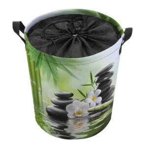 Zen Spring Garden Foldable Waterproof Laundry Basket Japanese Style Spa Black Stone White Flower Green Bamboo Print for Blanket Toys Dirty Clothes in Living Room Bathroom Bedroom One Size