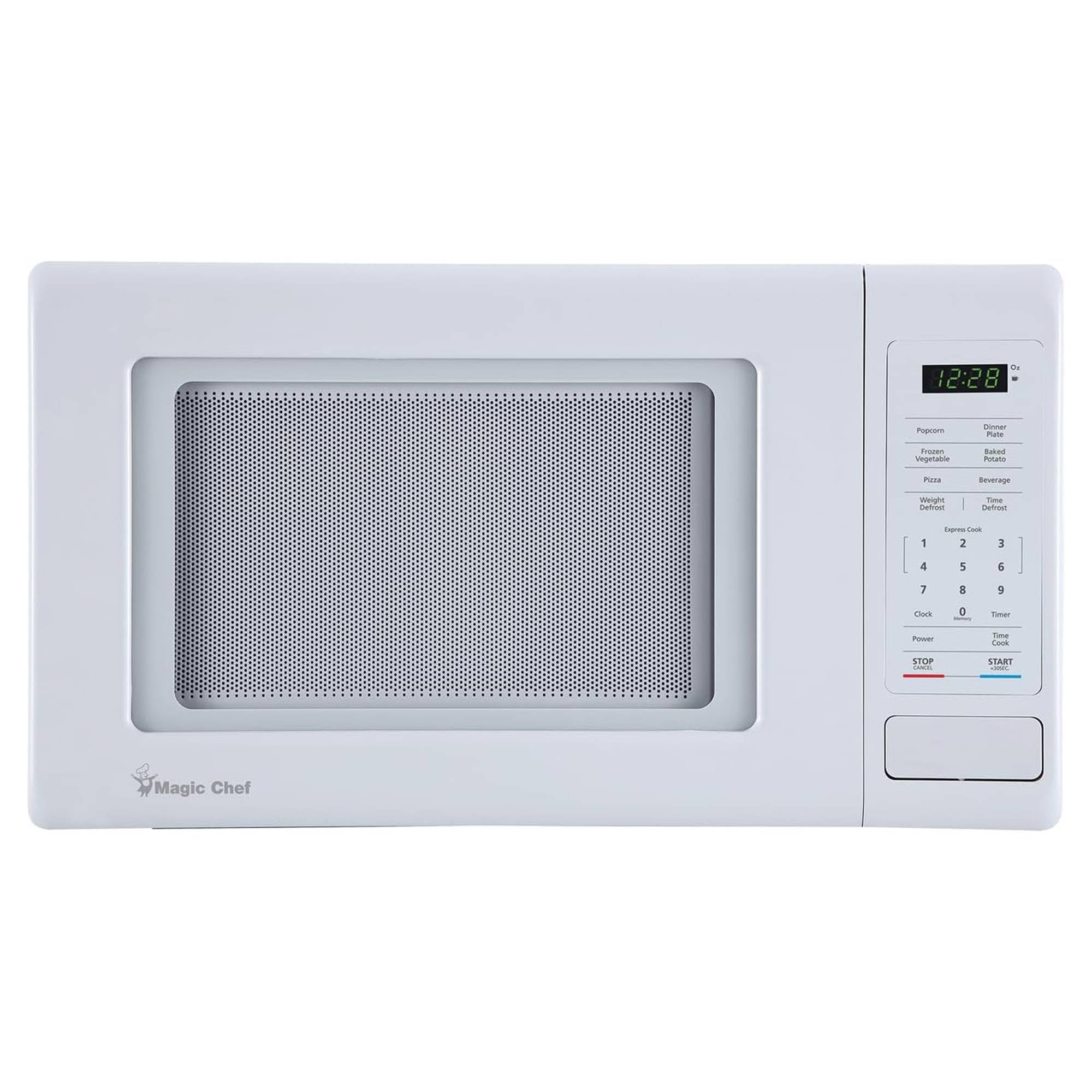 Magic Chef 0.9 Cubic Feet 900 Watt Stainless Countertop Microwave Oven for Compact Spaces with 6 Pre Programmed Cooking Modes, White