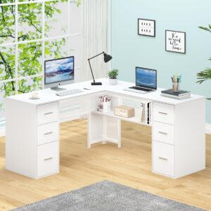 HSH White L Shaped Desk with Drawers Shelves, Large Home Office Corner Computer Desk with Storage File Cabinet, Modern Metal Wood Desk for Executive Writing Study Workstation, 59 Inch Bedroom Table