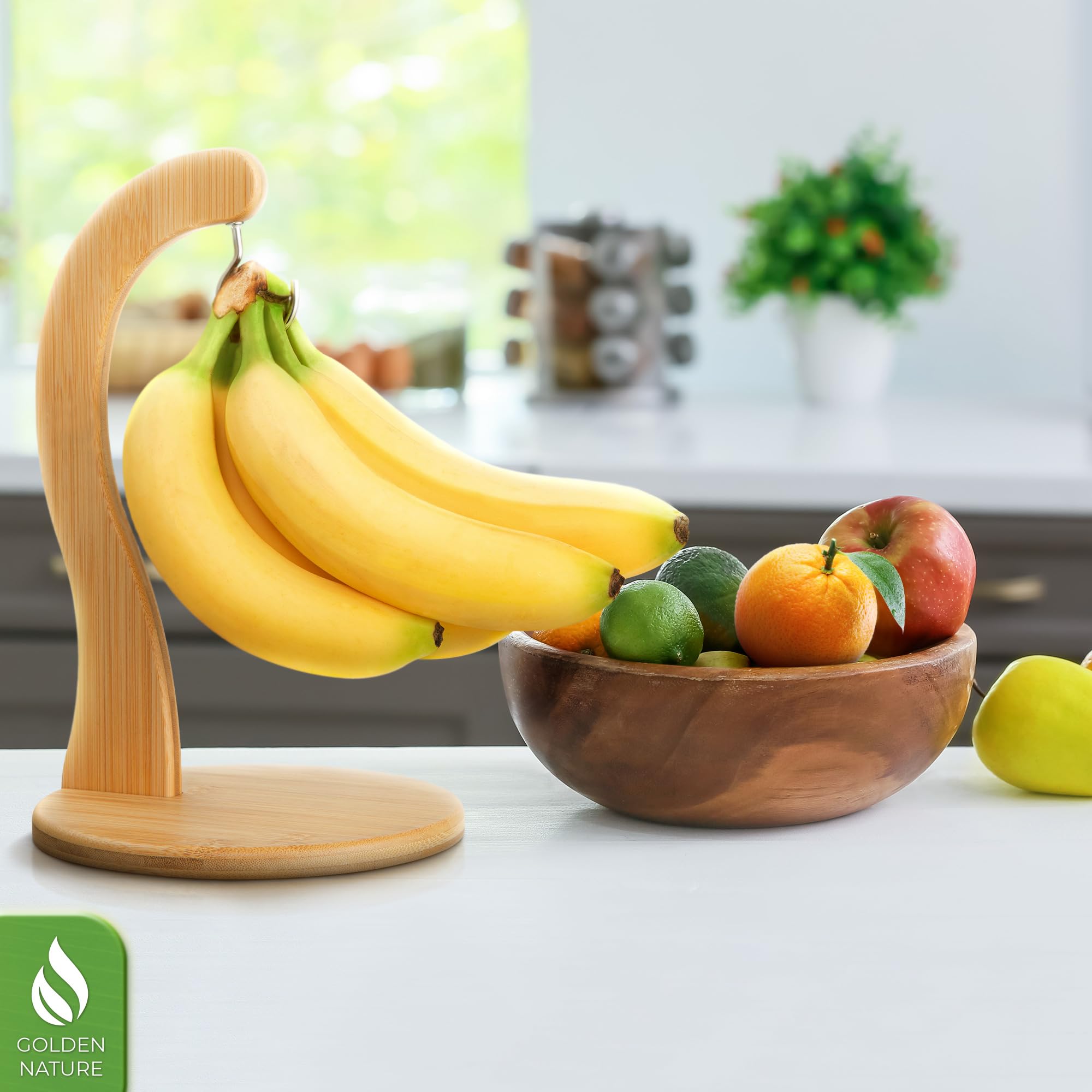 Golden Nature Banana Holder w/ Hanging Hook, Rustic Wooden Grape Stand for Kitchen Countertop, Bamboo Banana Hanger To Keep Bananas & Fruits Fresh