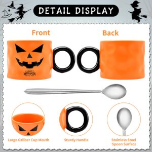 16 oz Halloween Pumpkin Mug with Spoon Decorations, Happy Halloween Pattern Mug Ceramic Spooky Pumpkin Coffee Cup Halloween Birthday Tabletop Drinkware Gifts for Adults Kids Women