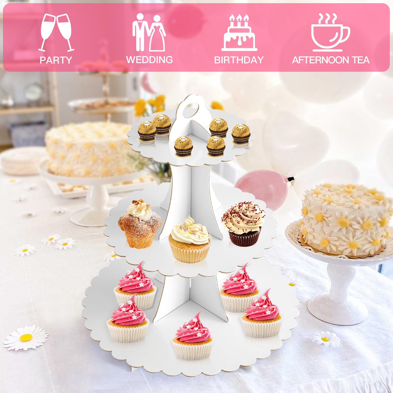 Soleebee 3-Tier Cupcake Stand, Cardboard Cupcake Tower, Dessert Cup Cake Stand Tower for Birthday Wedding Party Decoration, Cupcake Tier Stand 1 Set (White)