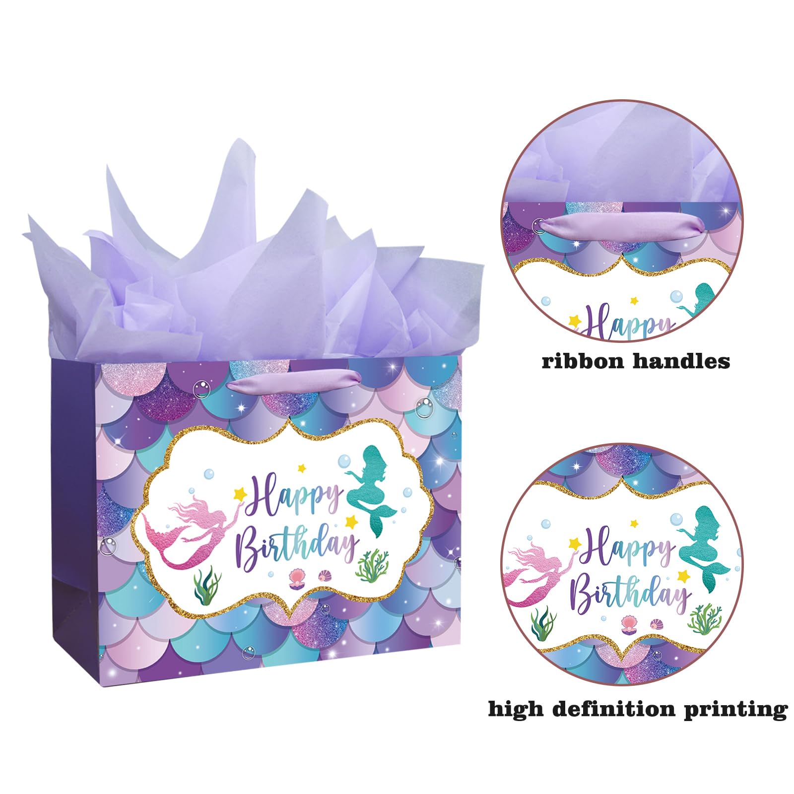 13" Large Mermaid Happy Birthday Gift Bag with Handle, Tissue Paper and Card for Kids Girls