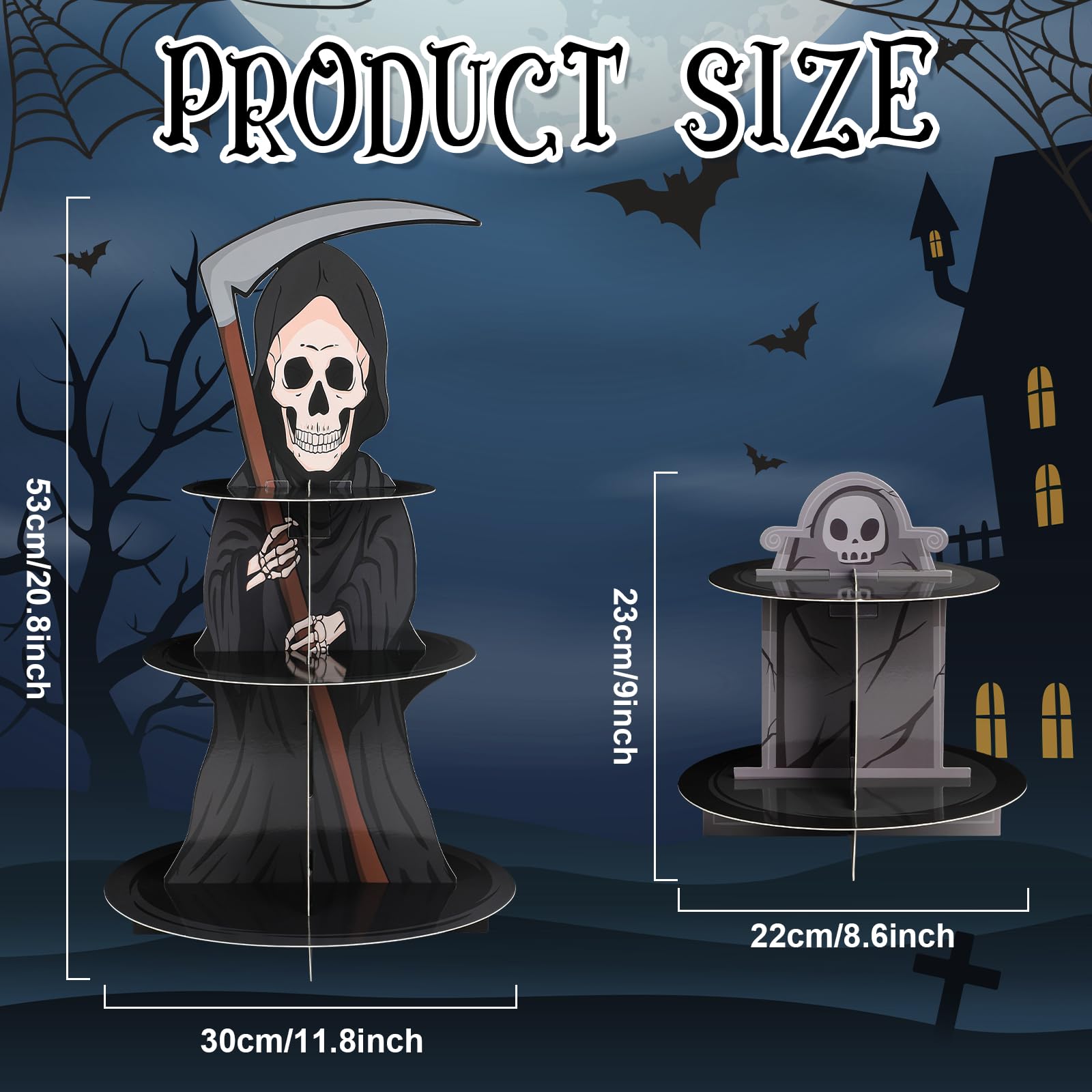 Halloween Cupcake Stand for 24 Cupcakes, Death and Tombstone Halloween Cupcake Decorations, Cardboard Cupcake 3 Tier and 2 Tier Set, Halloween Party Supplies. (Death)