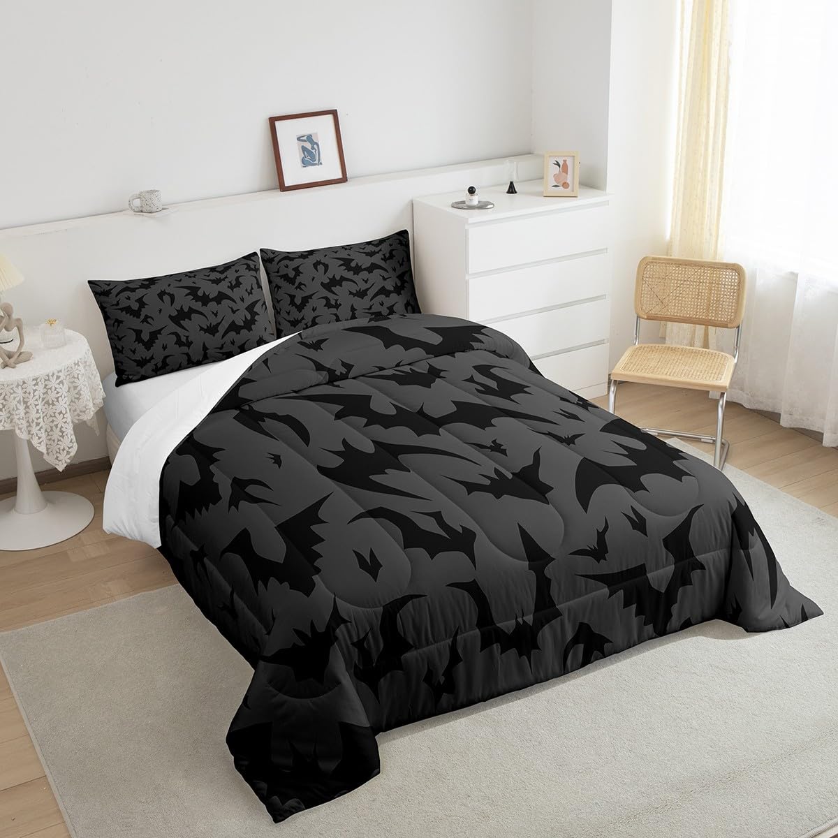 Homewish Bats Pattern Comforter Set,Night Bedding Set for Kids Girls Women,Adults Bats Comforter,Black and Gray Quilted Duvet Set Bedroom Collection Twin Size 2Pcs