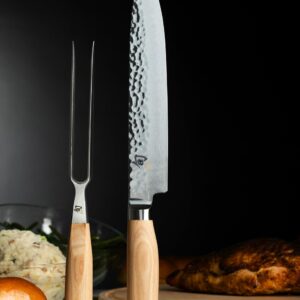 Shun Premier Blonde 2 Piece Carving Set, Includes 9.5" Premier Slicing Knife and Carving Fork, Handcrafted Japanese Knife Set, VG-MAX Core with Damascus Stainless Steel Cladding, Pakkawood Handle